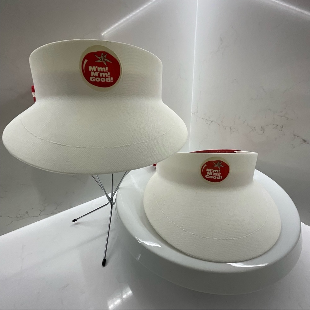 Vintage Campbell’s M’m M’m Good plastic sun visors (lot of two)